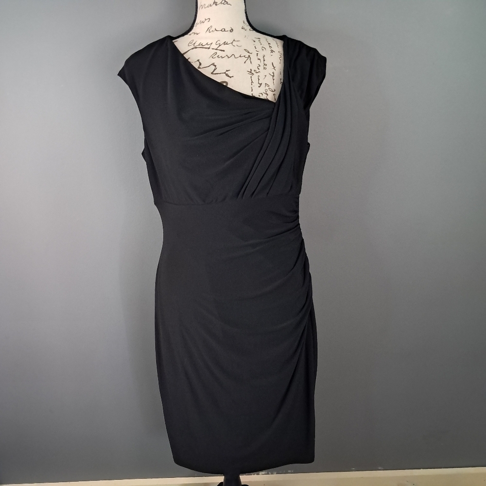 Ralph Lauren Women's Black Ruched Cap Sleeve Asymmetrical Dress Size 10